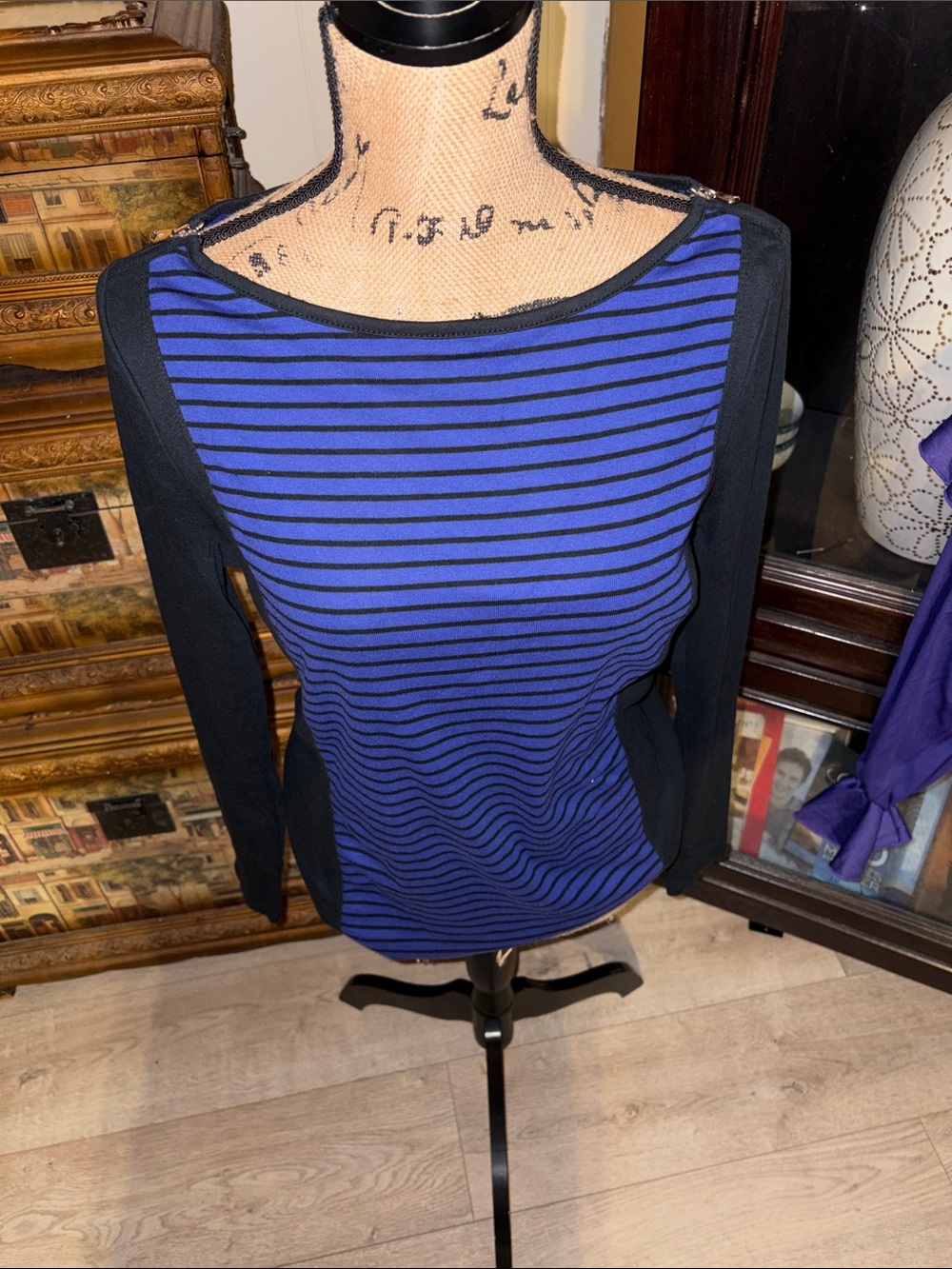Ralph Lauren Blue and Black Striped Long-Sleeve Boatneck Top